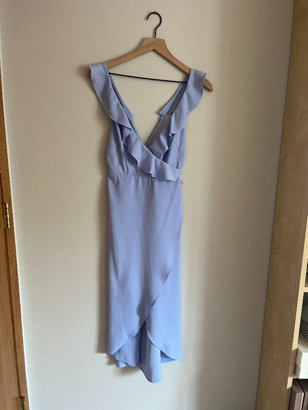 Midi Wedding Guest Dress | Open Back | Light Blue | Wrap front | XS